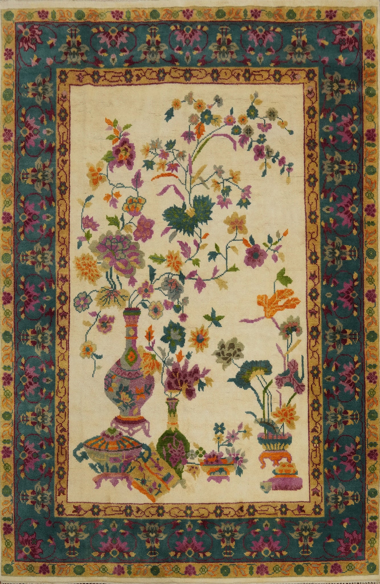 Pictorial Floral Art Deco Indian Area Rug 8x10