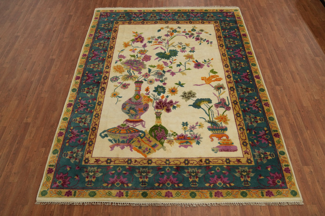 Pictorial Floral Art Deco Indian Area Rug 8x10
