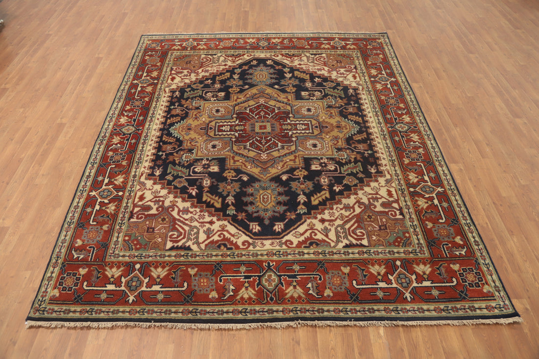 Geometric Blue Heriz Serapi Room Size Area Rug 8x10