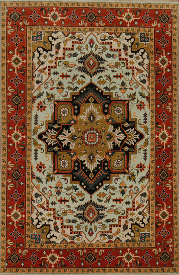 Geometric Aqua Wool Heriz Serapi Large Rug 10x14