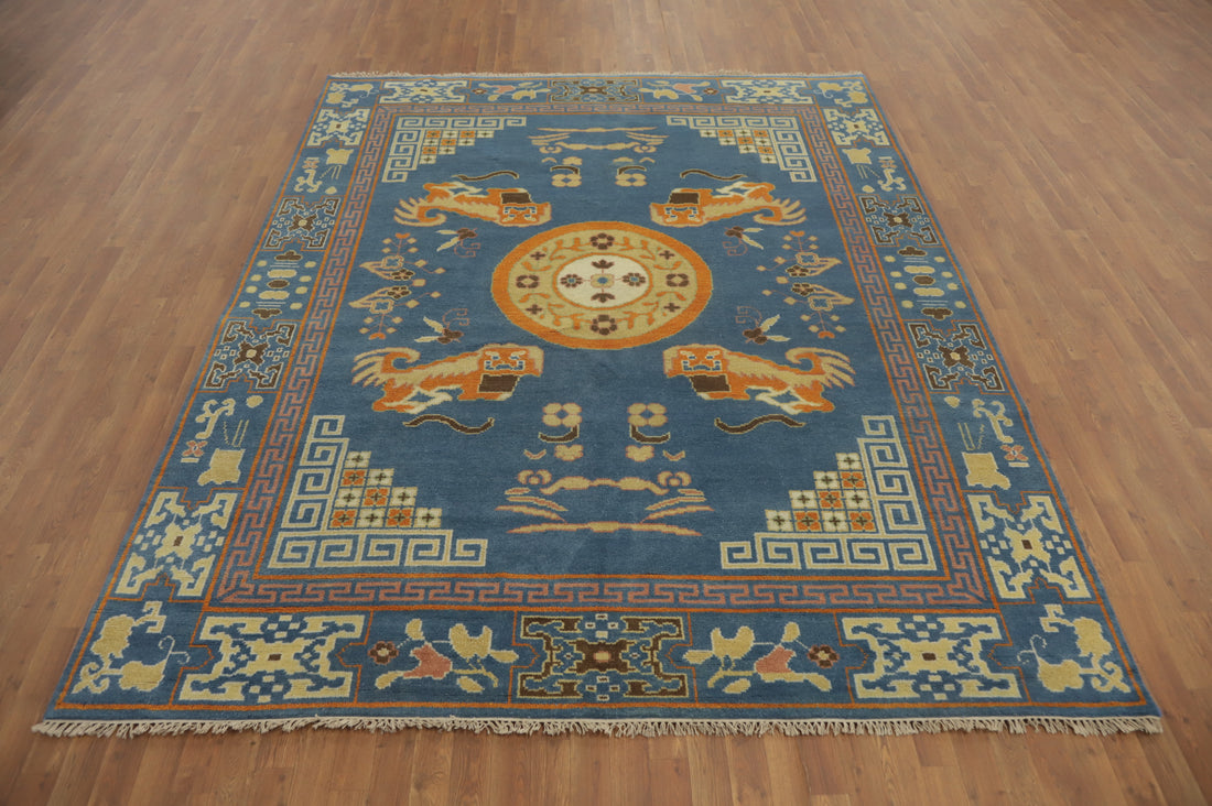Handmade Blue Art Deco Living Room Area Rug 8x10
