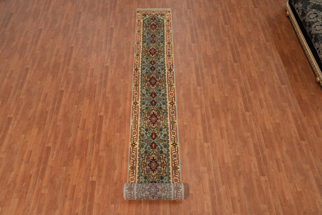 Light Blue Heriz Serapi Wool Runner Rug 2x21