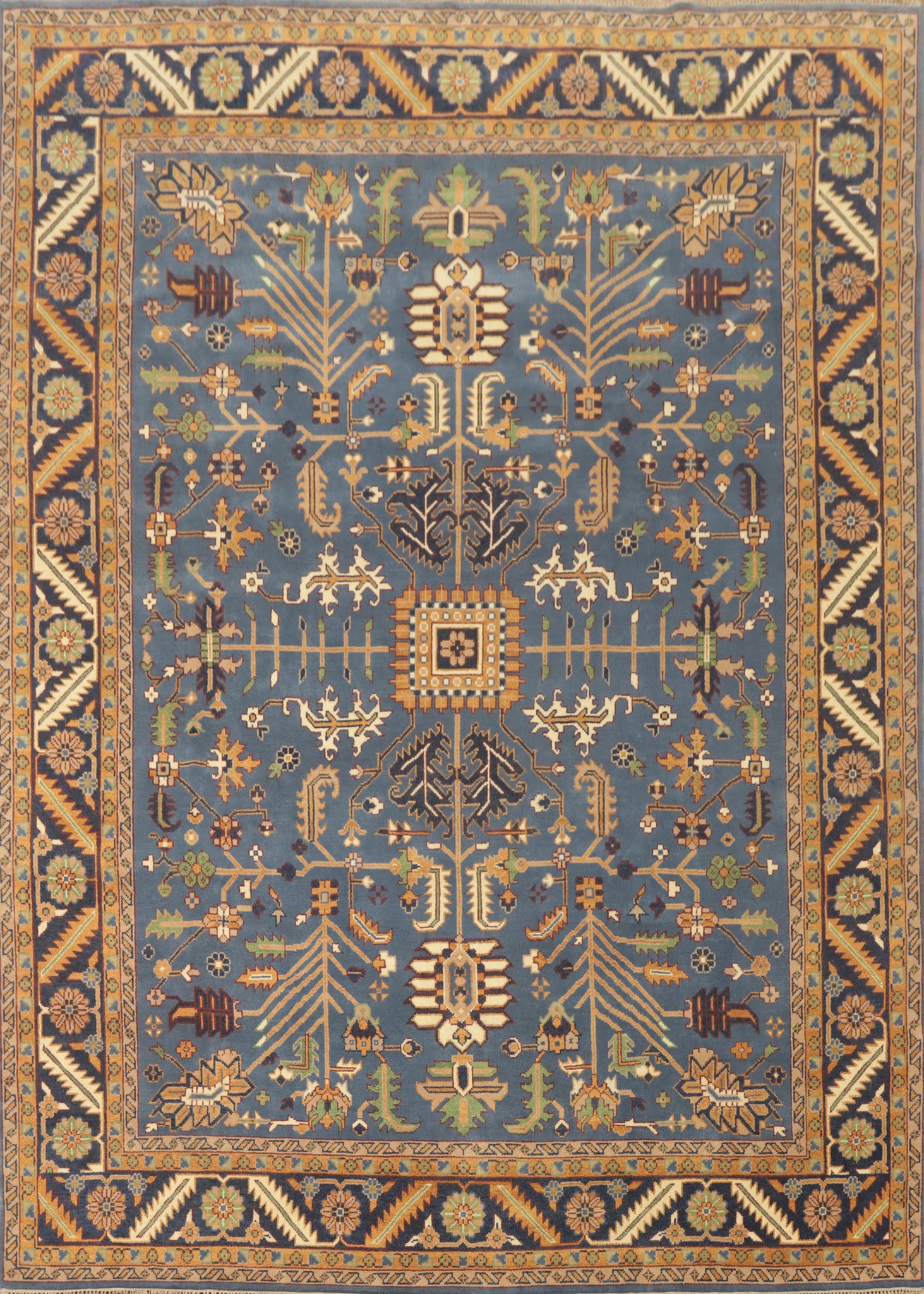 Geometric Blue Oushak Wool Large Rug 12x15