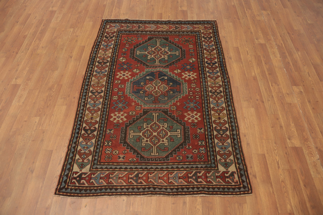 Pre-1900 Antique Kazak Vegetable Dye Rug 4x5