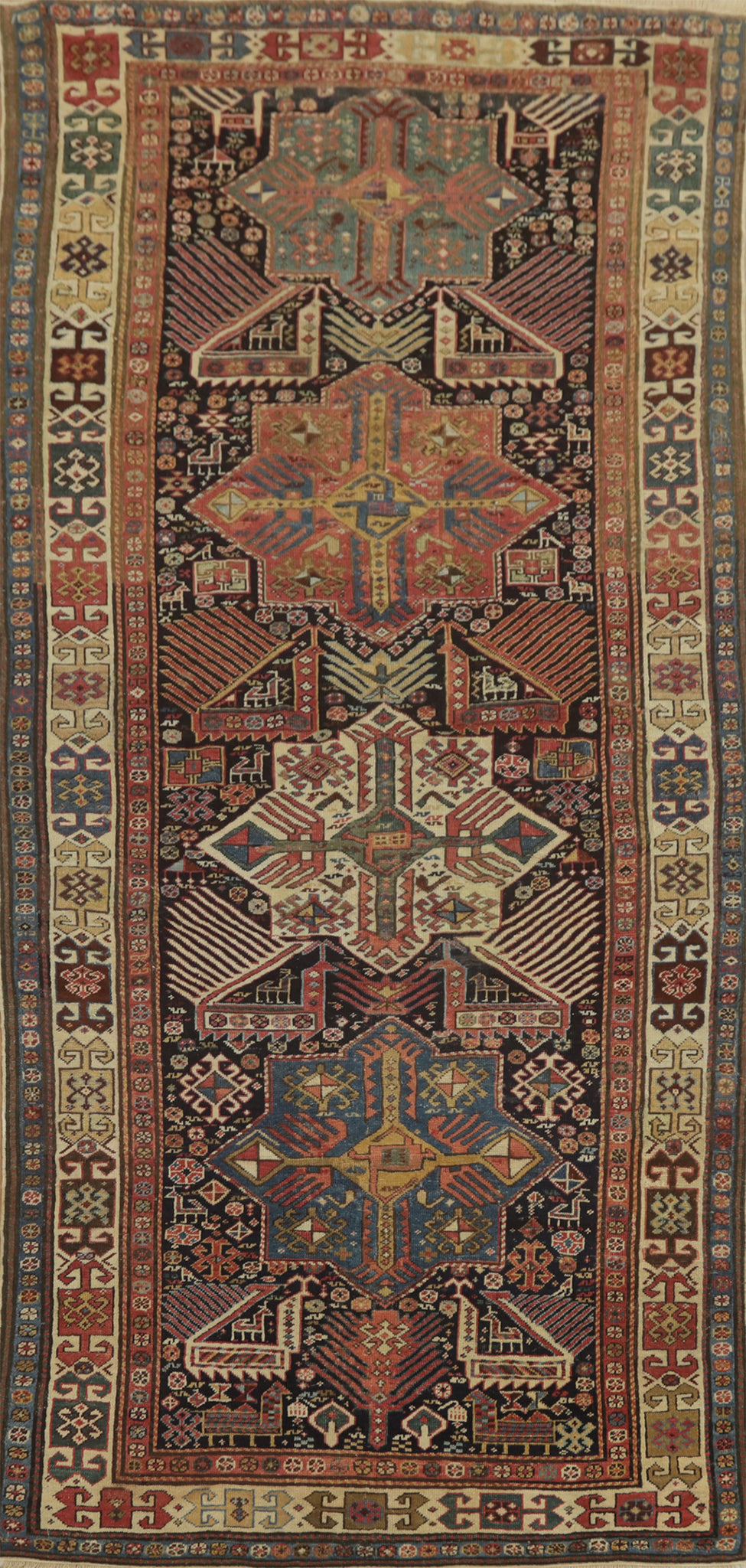 Pre-1900 Antique Kazak Vegetable Dye Runner Rug 4x9