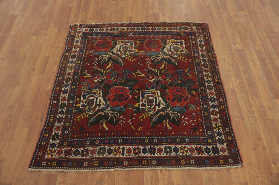 Antique Vegetable Dye Bidjar Halvaei Square Persian Rug 4x4