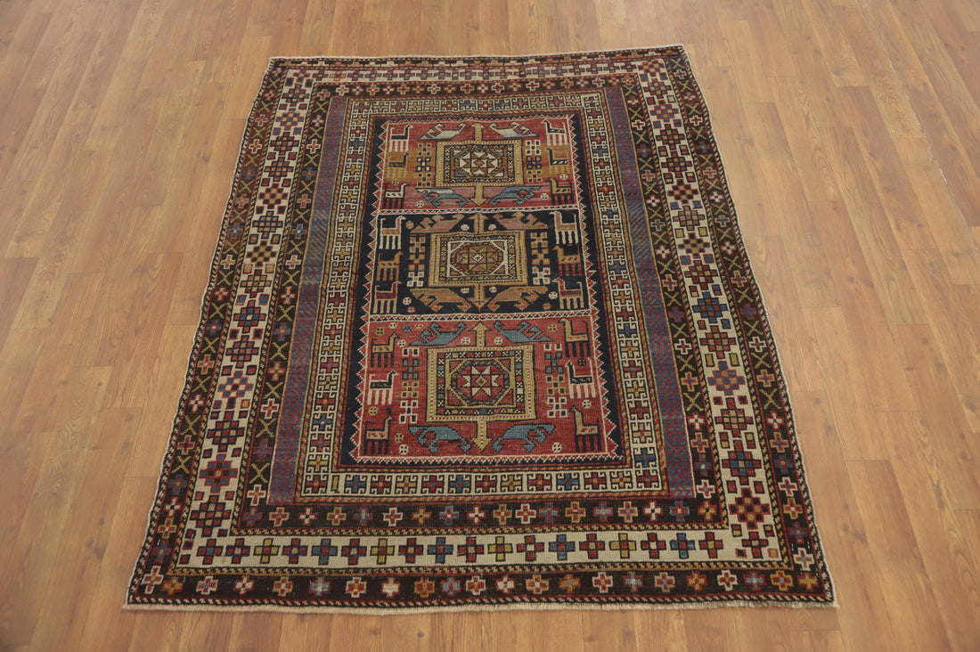 Pre-1900 Antique Kazak Vegetable Dye Rug 4x5
