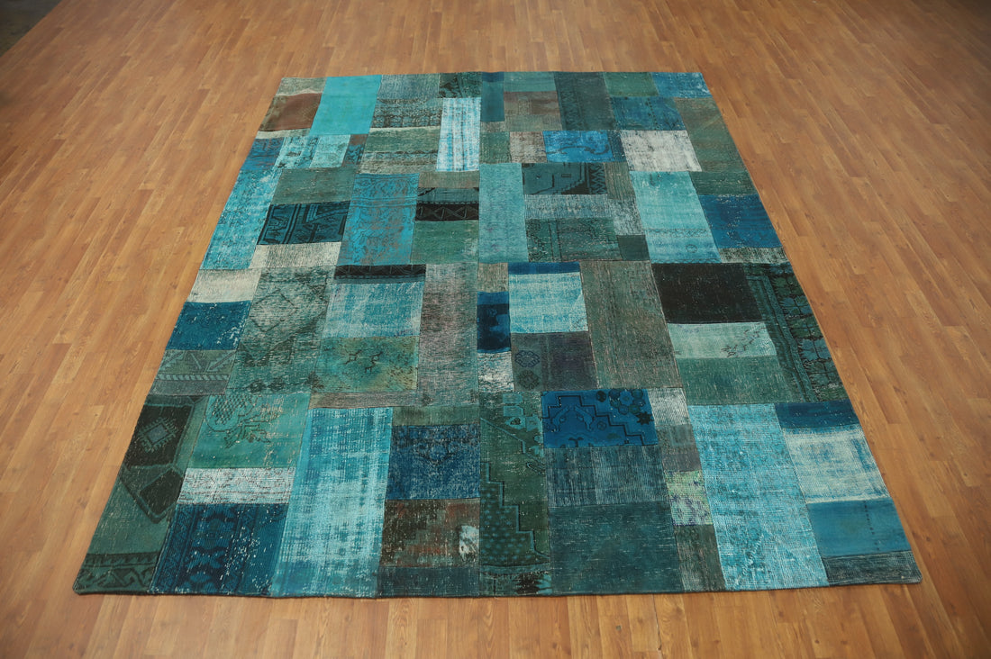 Turquoise Wool Patchwork Distressed Area Rug 8x10