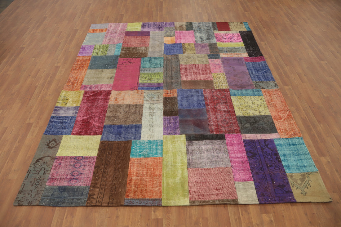 Distressed Wool Geometric Patchwork Area Rug 8x10