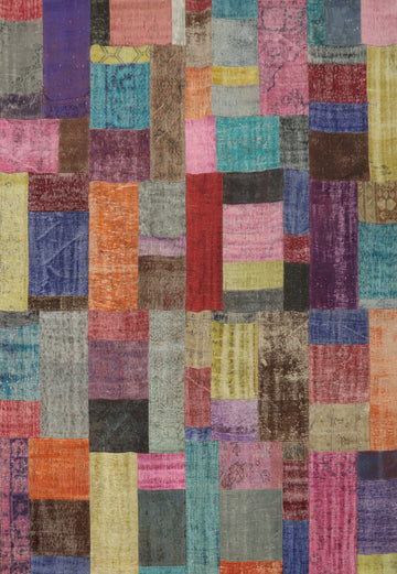 Wool Geometric Patchwork Distressed Area Rug 8x10