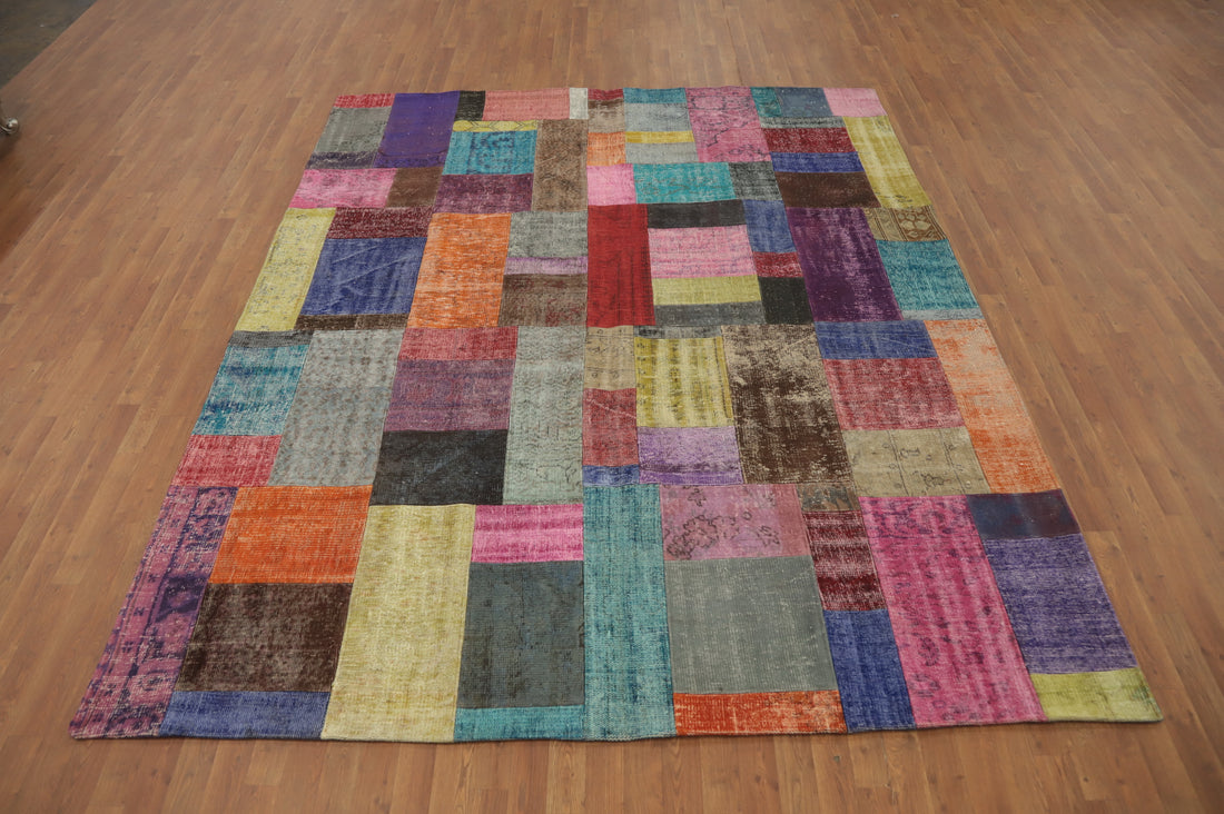Wool Geometric Patchwork Distressed Area Rug 8x10