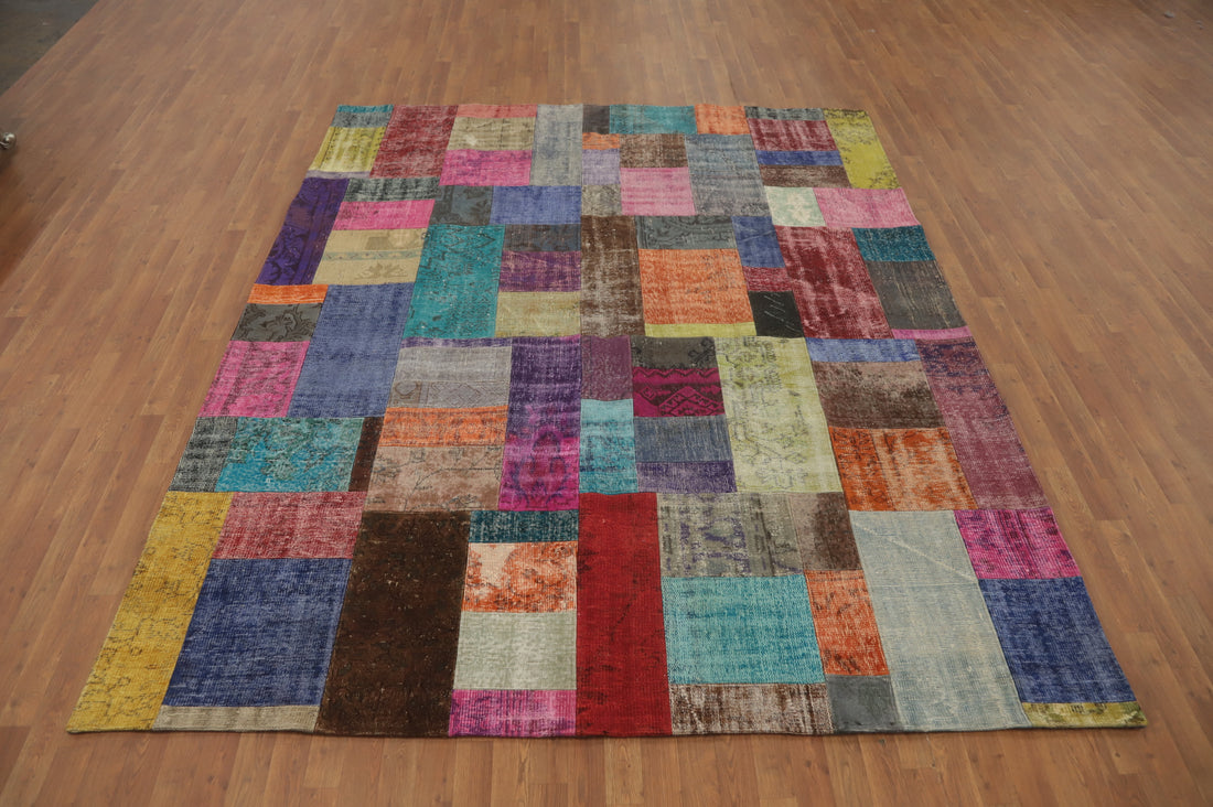 Distressed Wool Geometric Patchwork Area Rug 8x10