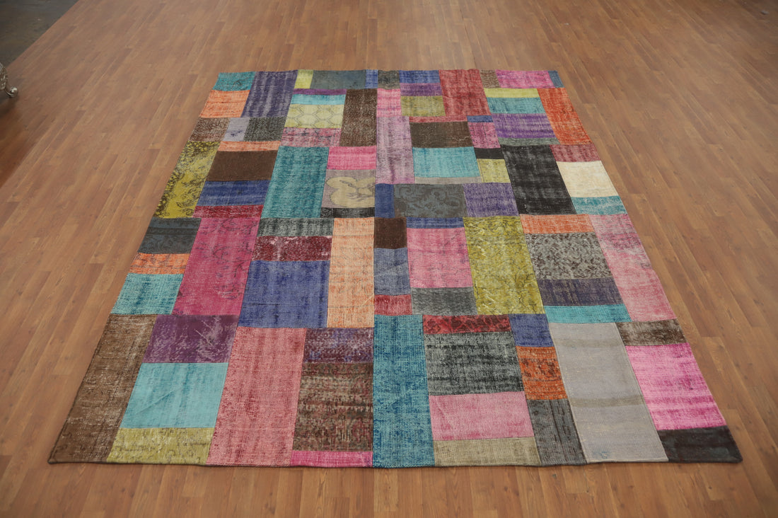 Wool Distressed Patchwork Room Size Area Rug 8x10
