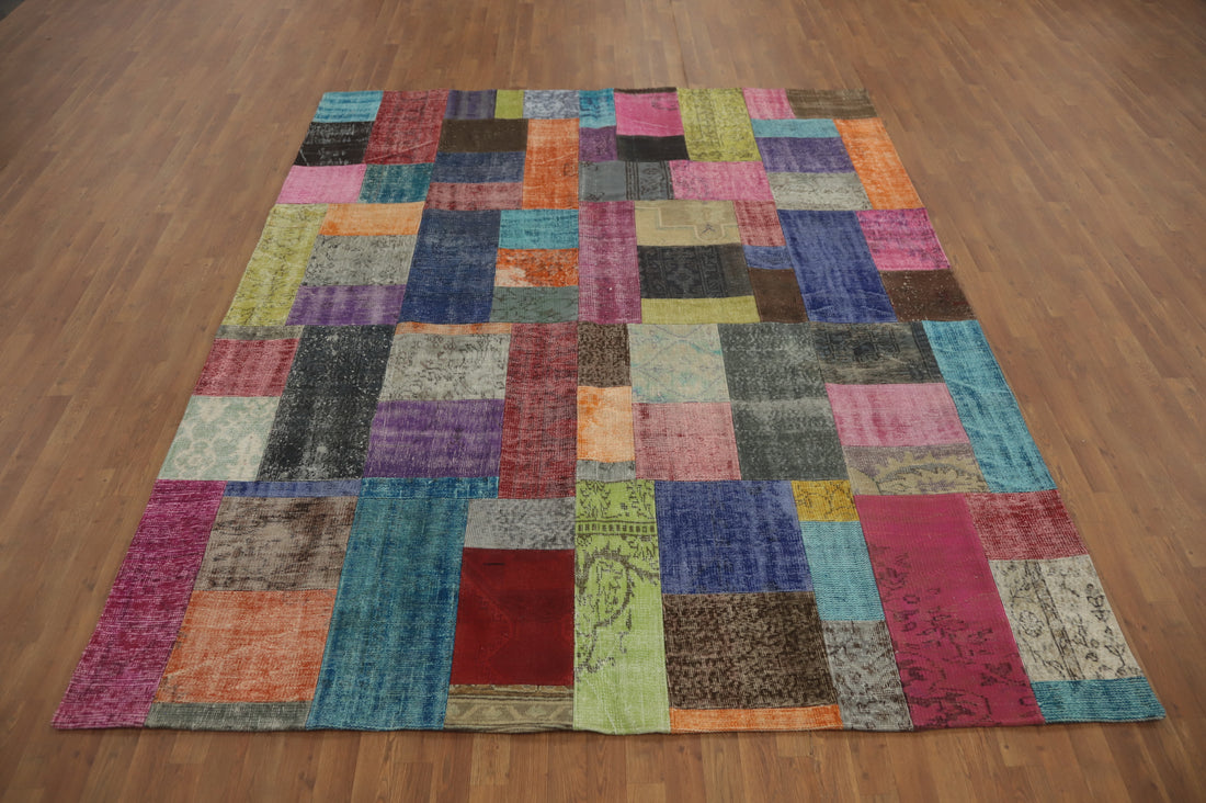 Wool Geometric Patchwork Distressed Area Rug 8x10