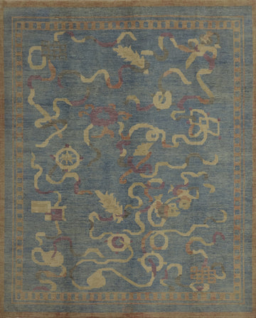 Handmade Blue Art Deco Living Room Square Rug 10x10