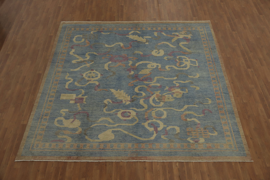 Handmade Blue Art Deco Living Room Square Rug 10x10