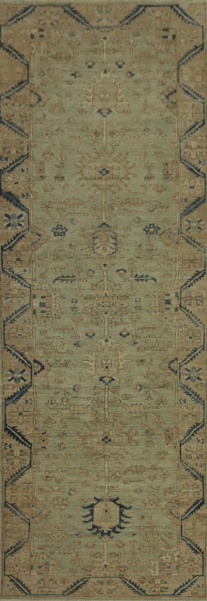 Handmade Green Oushak Vegetable Dye Runner Rug 3x12