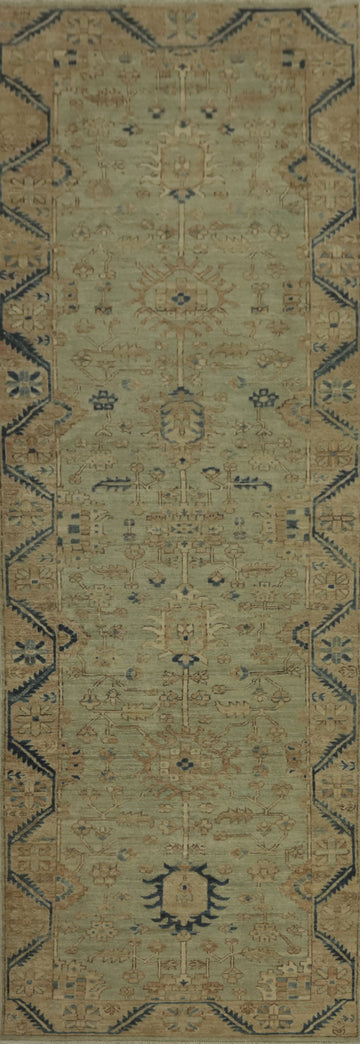 Handmade Green Oushak Vegetable Dye Runner Rug 3x12