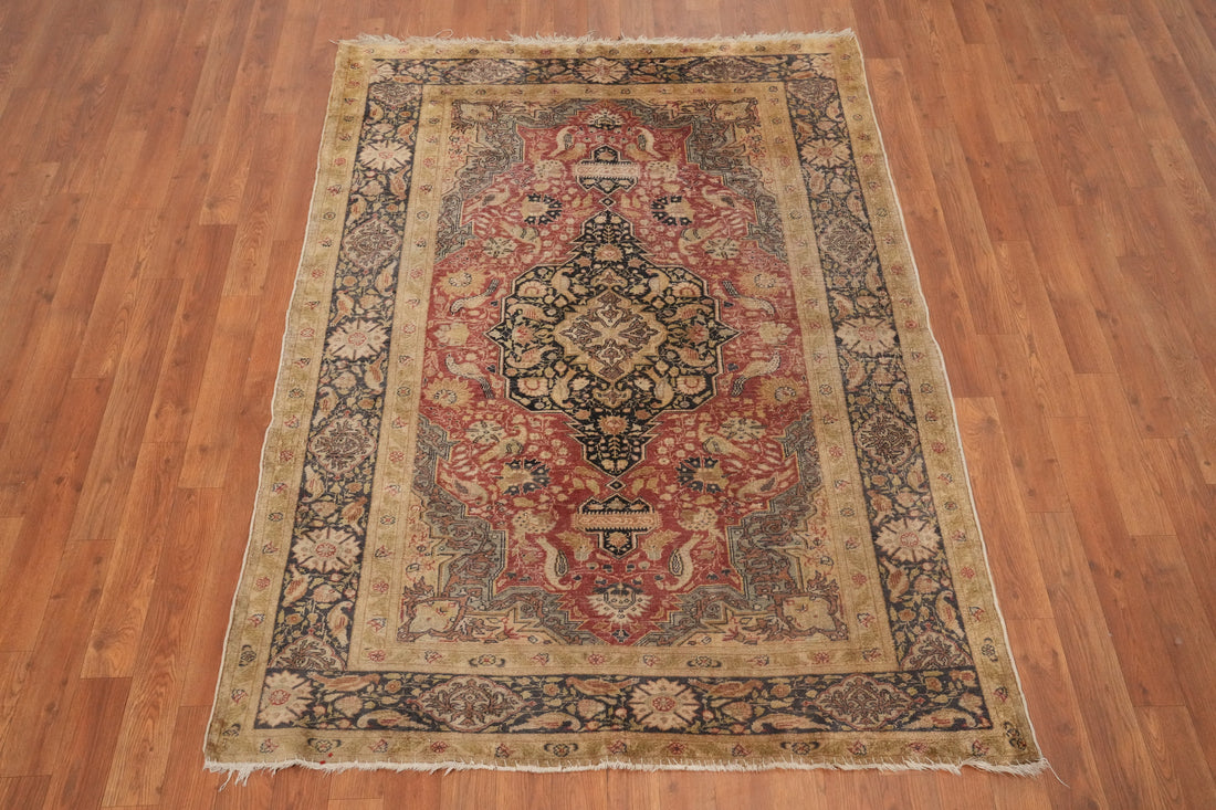 Pre-1900 Antique 100% Silk Hereke Vegetable Dye Rug 4x6