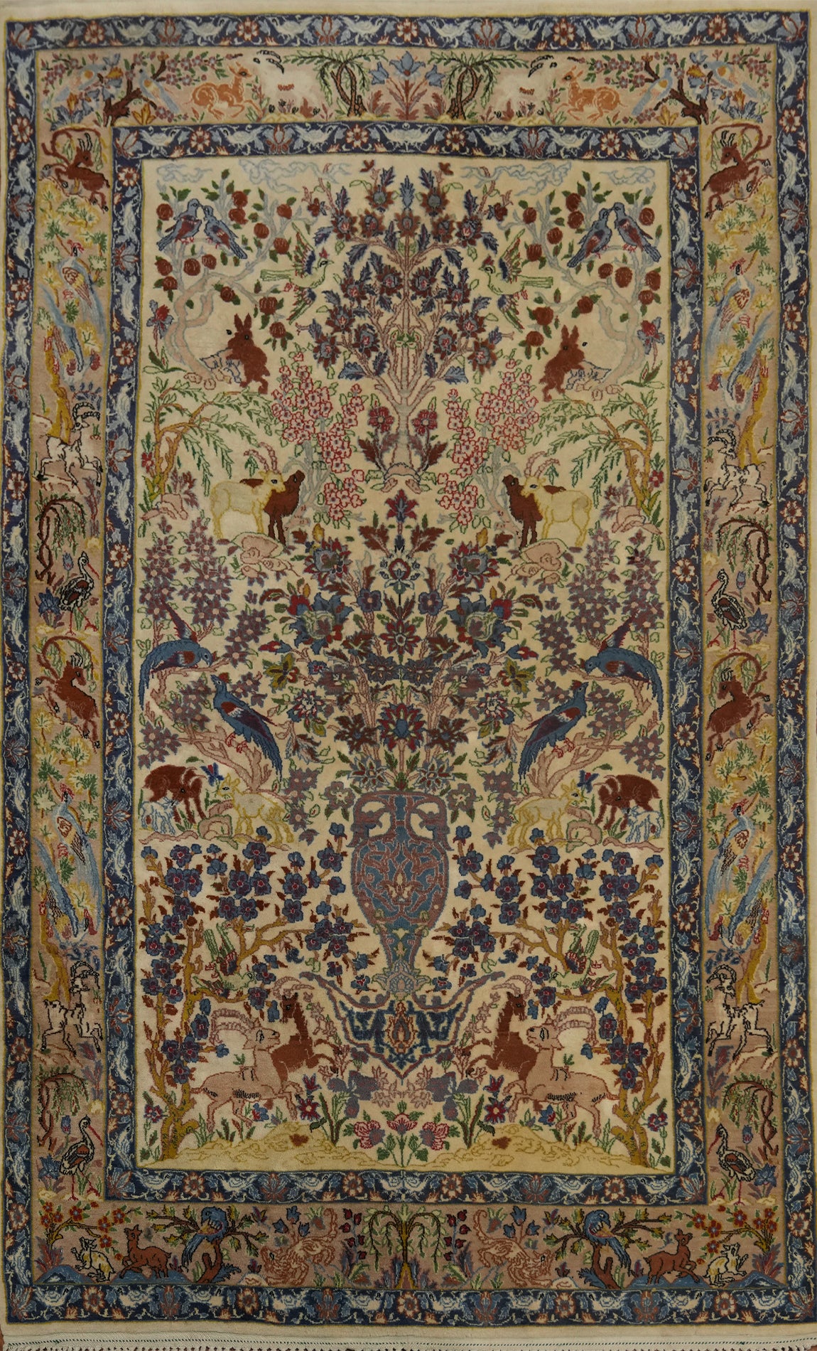 Vegetable Dye Silk Animals Isfahan Persian Rug 4x7