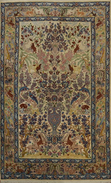 Vegetable Dye Silk Animals Isfahan Persian Rug 4x7