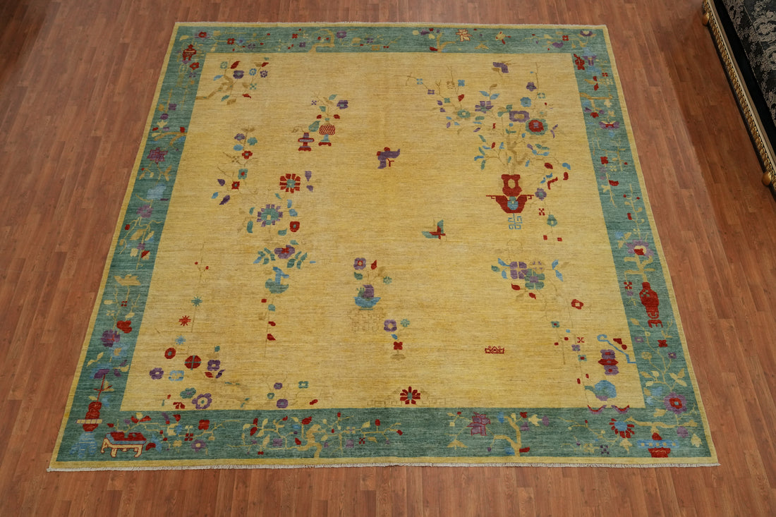 Floral Art Deco Vegetable Dye Large Rug 12x12