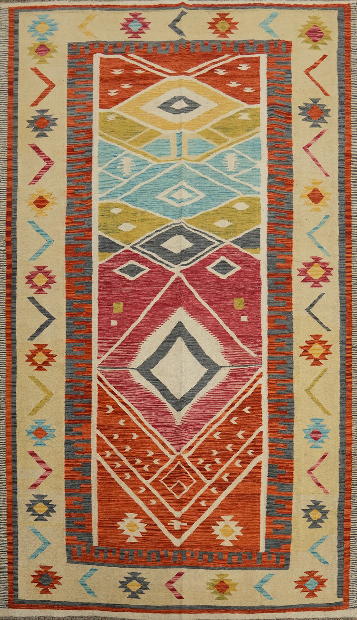 Kilim Style Rug 7x10 Featuring Geometric Shapes and Bright Colors