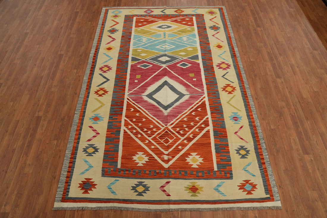 Kilim Style Rug 7x10 Featuring Geometric Shapes and Bright Colors