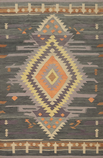 Bold Geometric Design Earthy Southwestern Kilim Rug 7x10