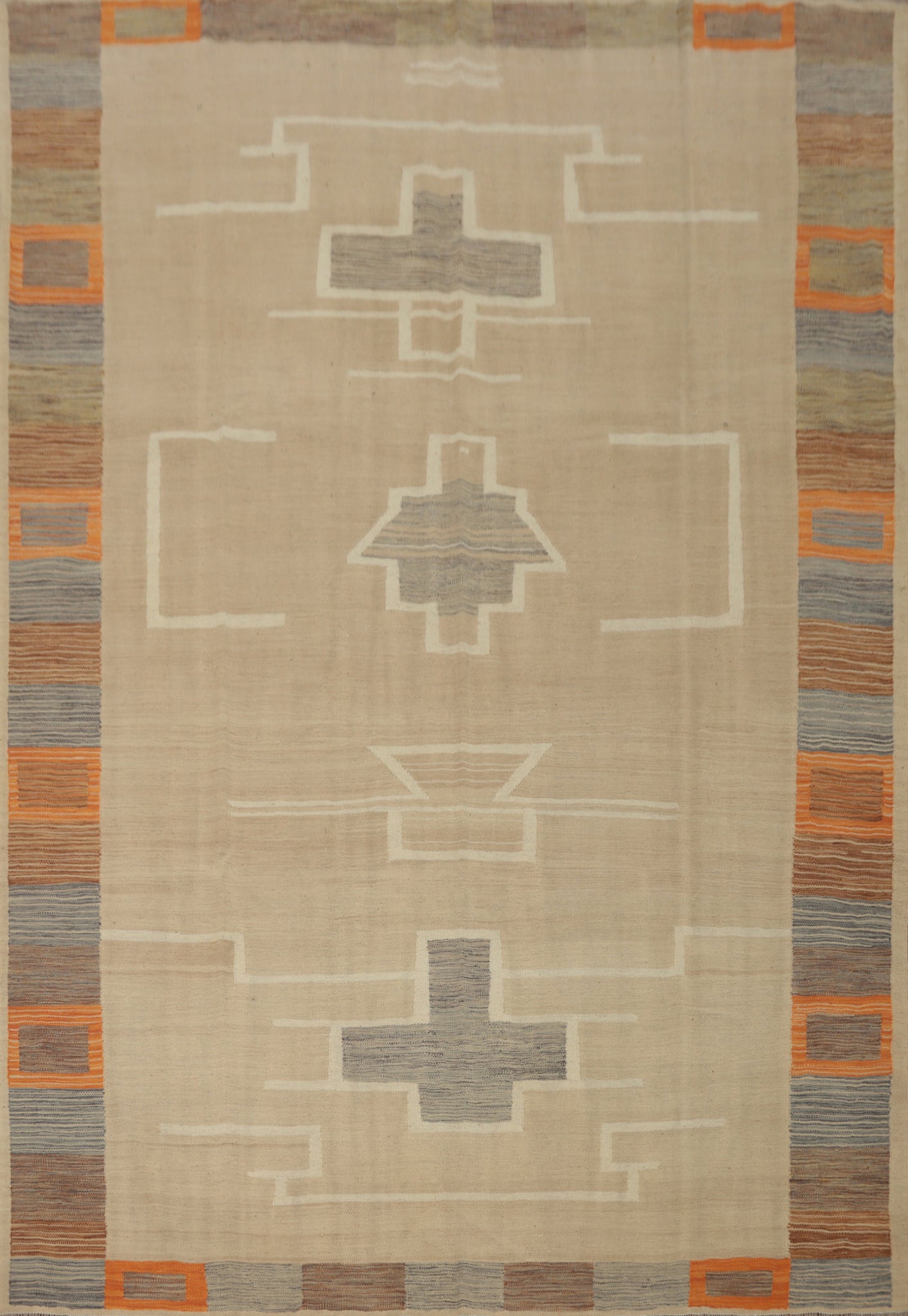 Earthy Geometric Patterns Kilim Beige Handcrafted Rug 8x10