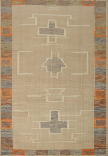 Earthy Geometric Patterns Kilim Beige Handcrafted Rug 8x10