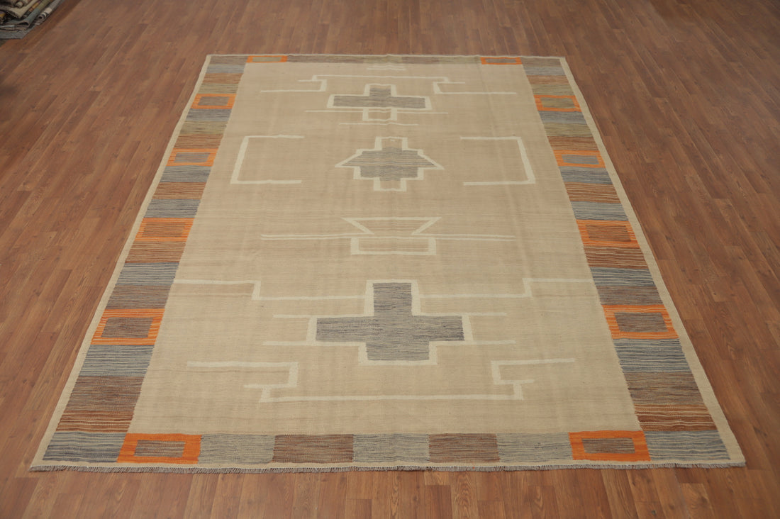 Earthy Geometric Patterns Kilim Beige Handcrafted Rug 8x10