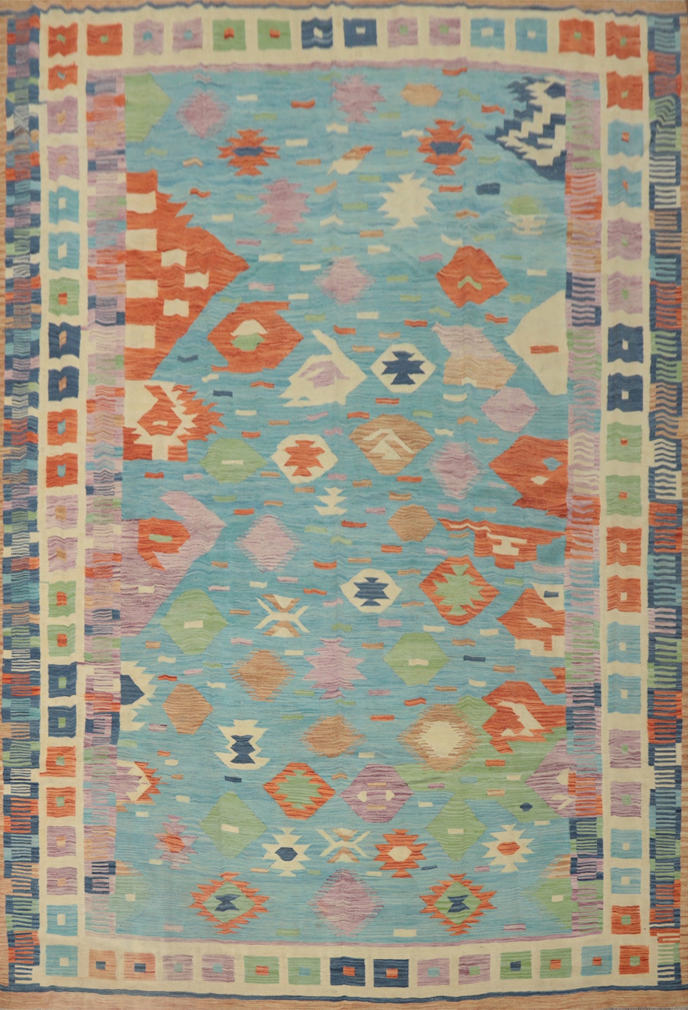 Light Blue Kilim Flat Weave Large Area Rug 10x13