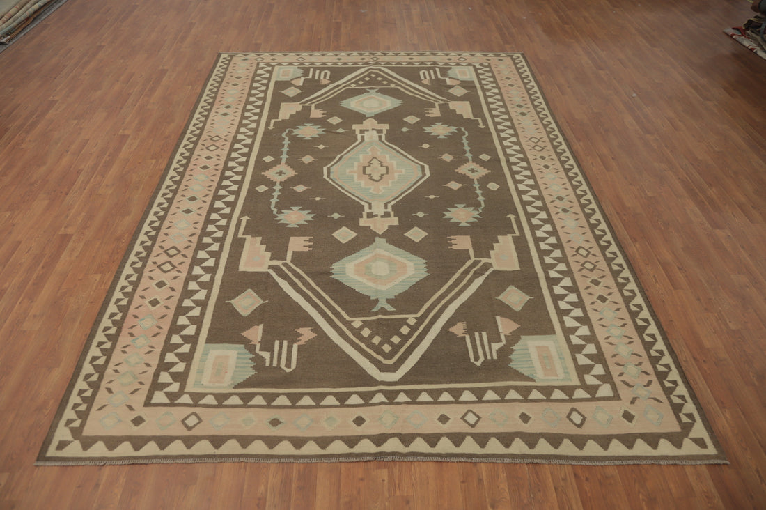 Brown Geometric Kilim Flat Weave Area Rug 8x12