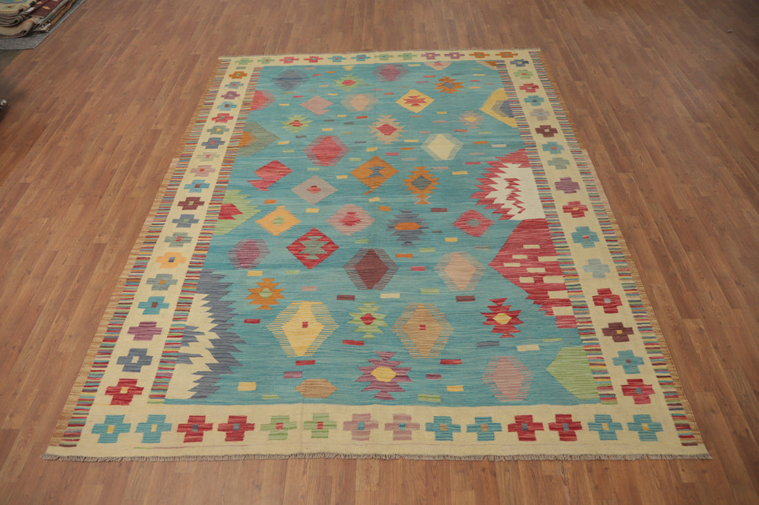 Light Blue Kilim Geometric Area Rug 8x10