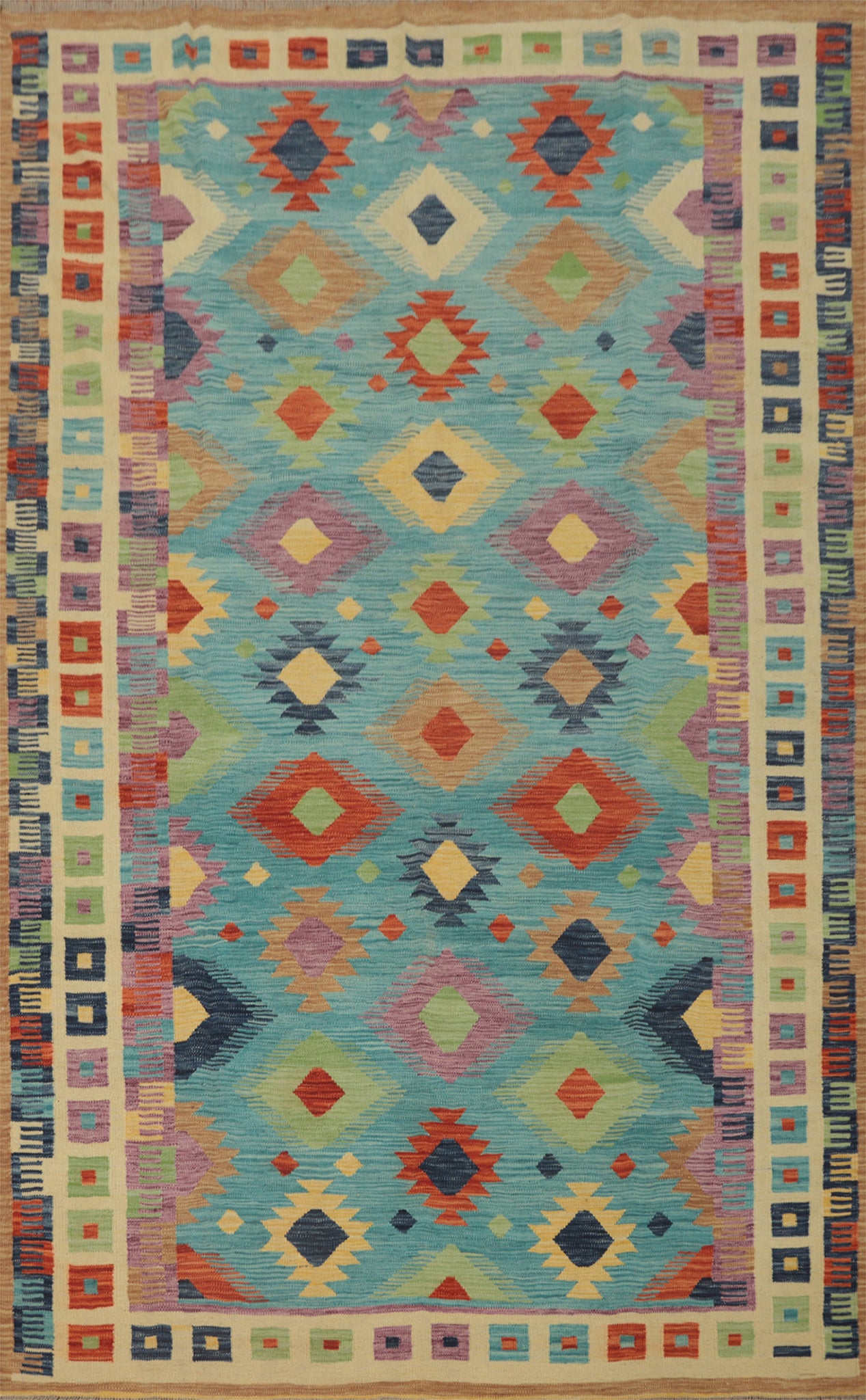 Light Blue Wool Kilim Flat Weave Area Rug 7x10