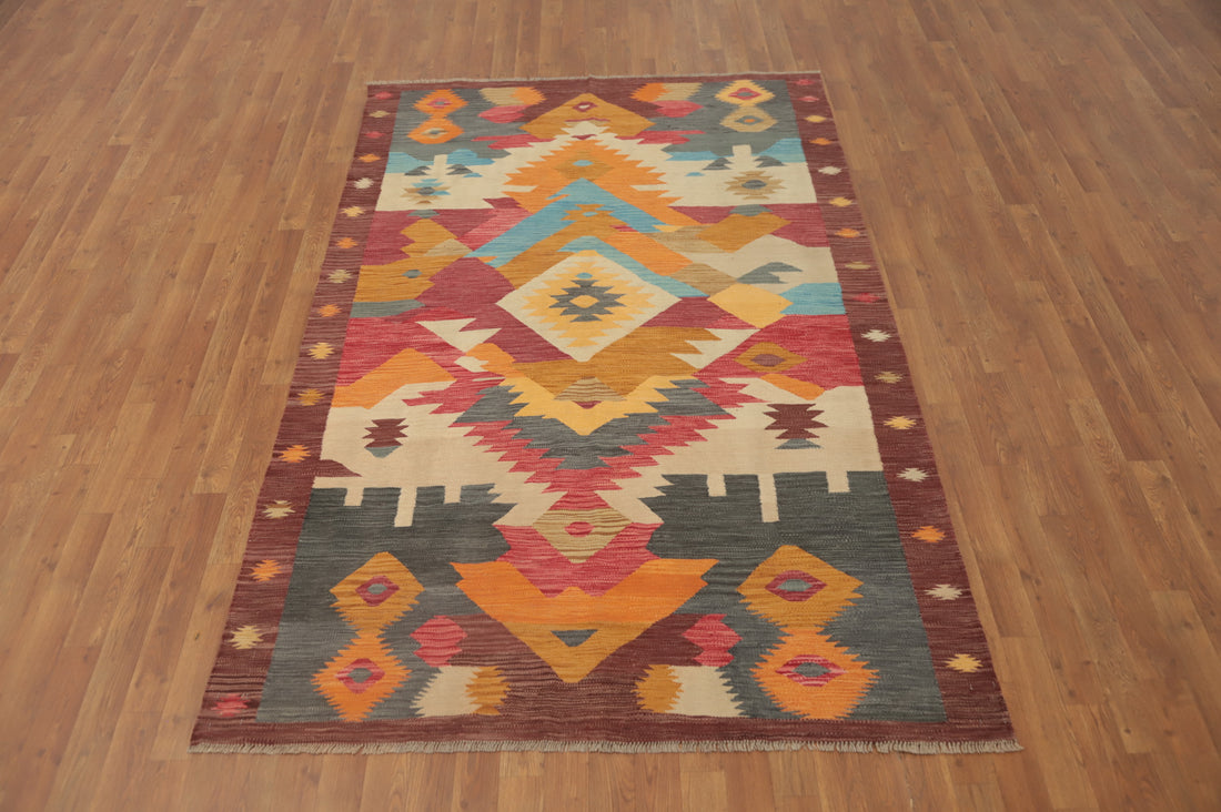 Colorful Kilim Room Size Wool Area Rug 5x8