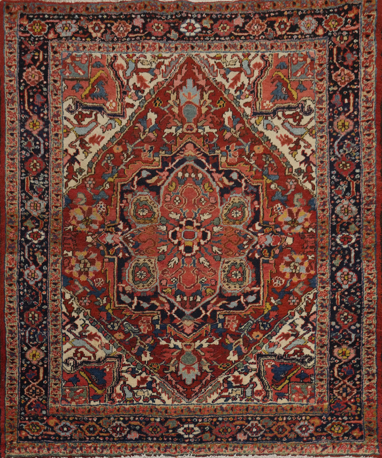 Pre-1900 Antique Heriz Serapi Vegetable Dye Persian Rug 4x4