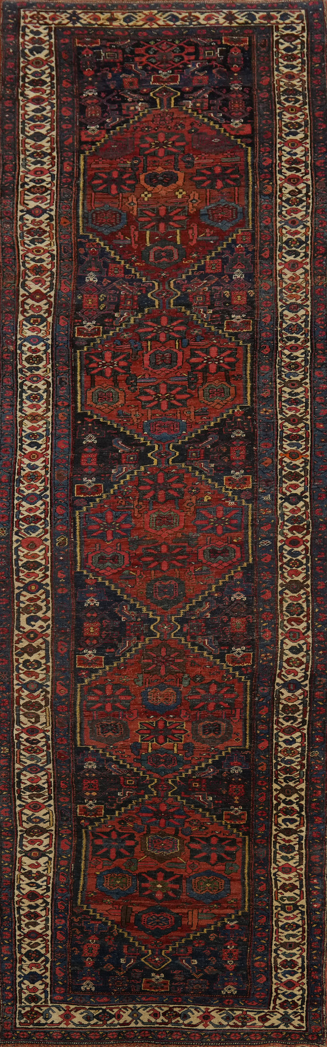 Pre-1900 Vegetable Dye Bidjar Halvaei Persian Runner Rug 4x18