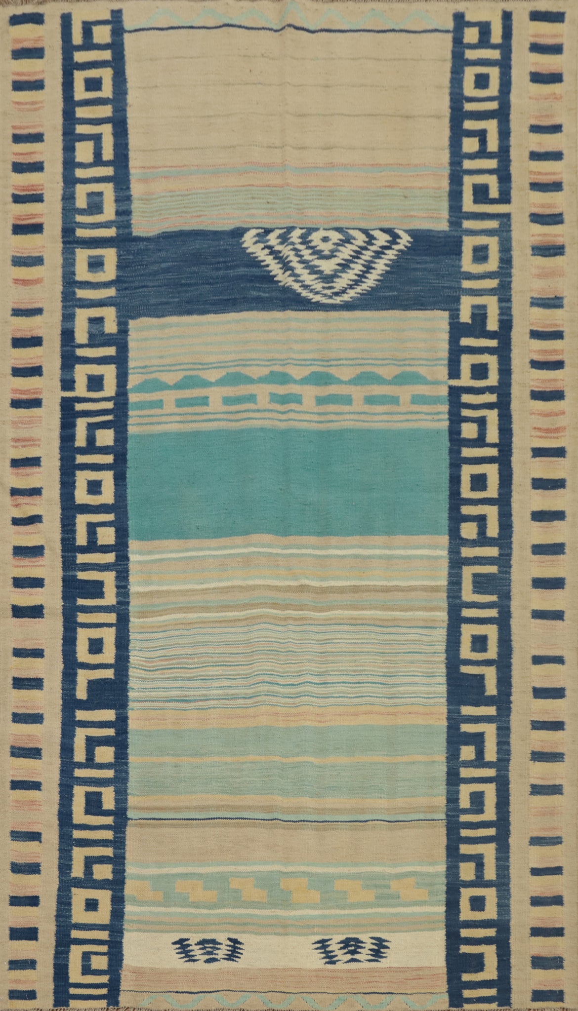 Handwoven Tribal Kilim Rug 5x8 Featuring Bold Blue Geometric Borders