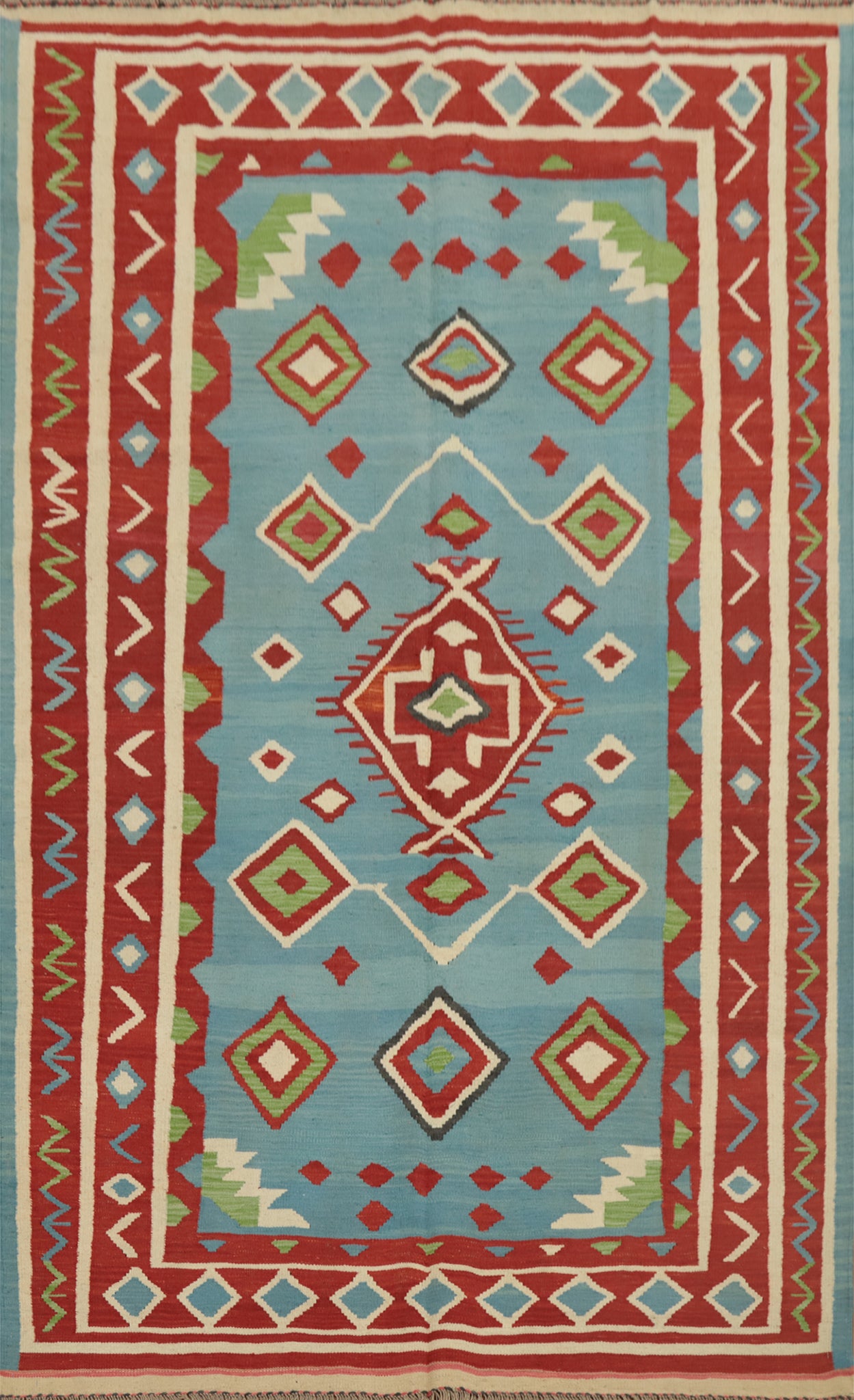 Light Blue Geometric Wool Kilim Area Rug 6x9