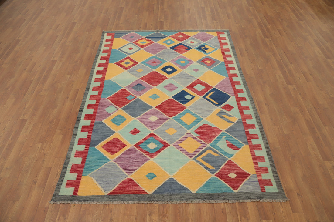 Vibrant Multicolored Kilim Area Rug 6x8 Featuring Bold Geometric Design