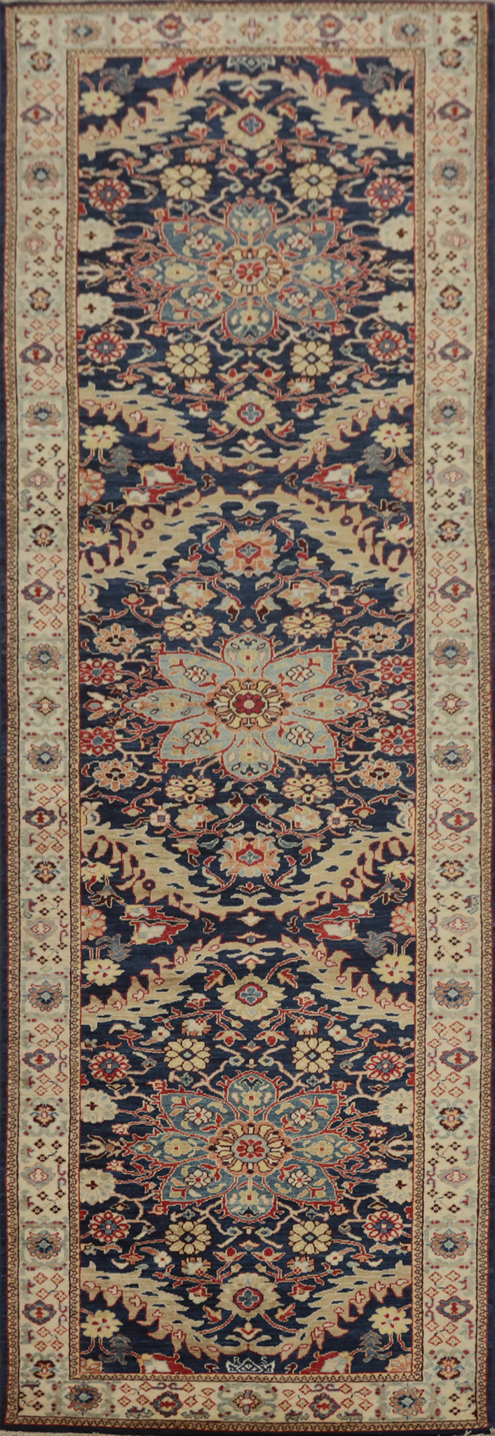 Long Navy Runner Rug 3x12 Featuring Detailed Oriental Floral Design
