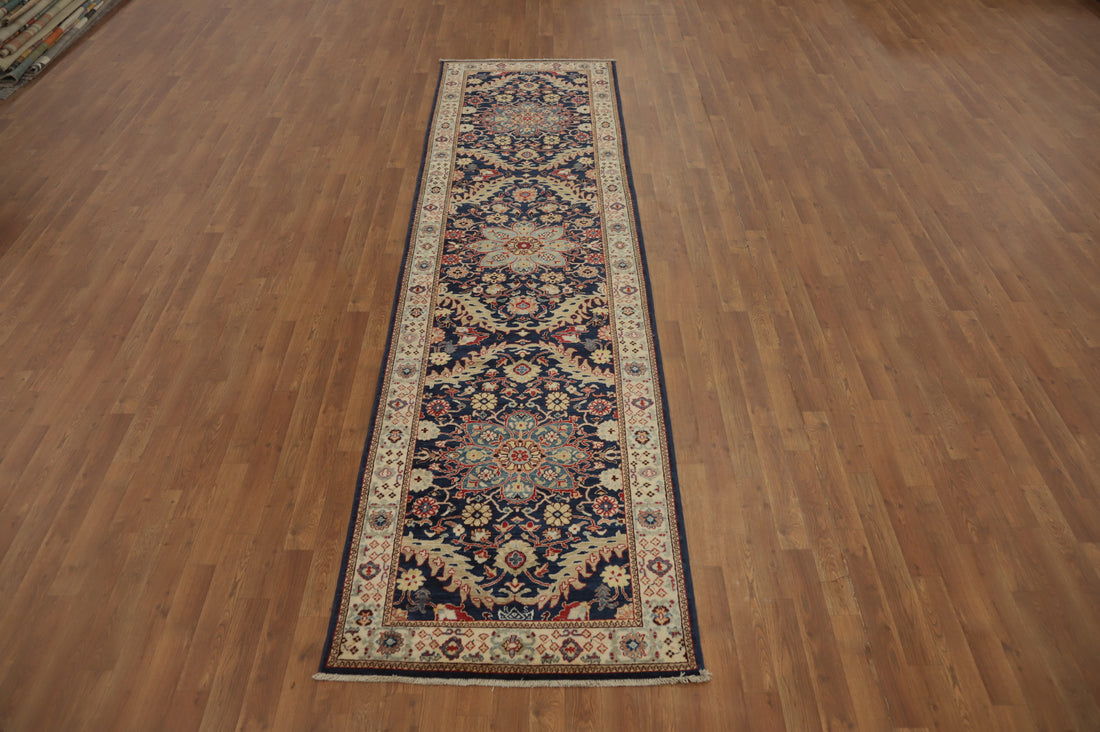 Long Navy Runner Rug 3x12 Featuring Detailed Oriental Floral Design