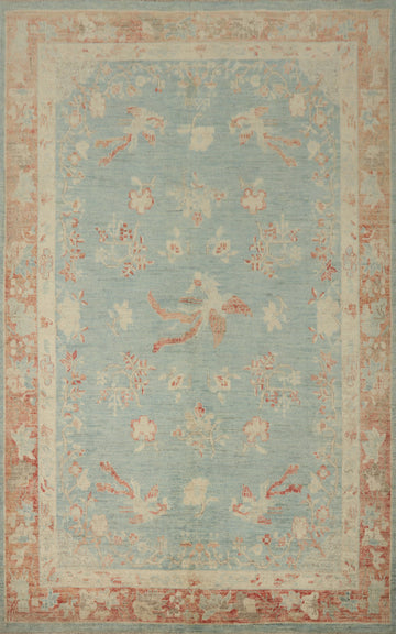 Vegetable Dye Cerulean Blue Handmade Floral Rug 6x9
