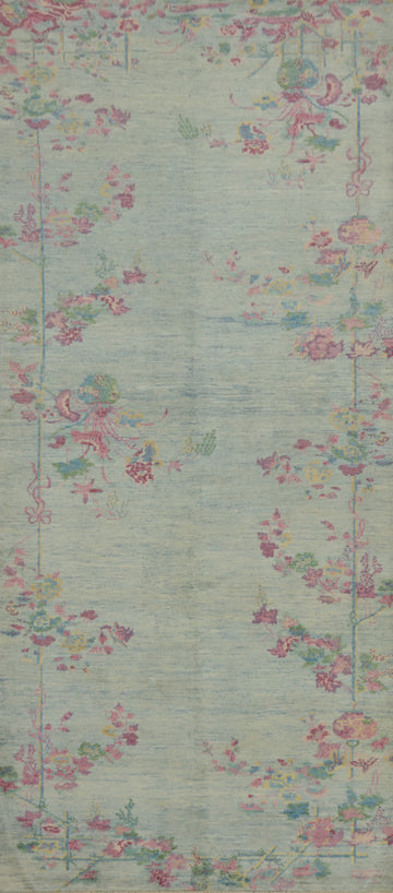 Floral Blue Ziegler Vegetable Dye Runner Rug 5x15