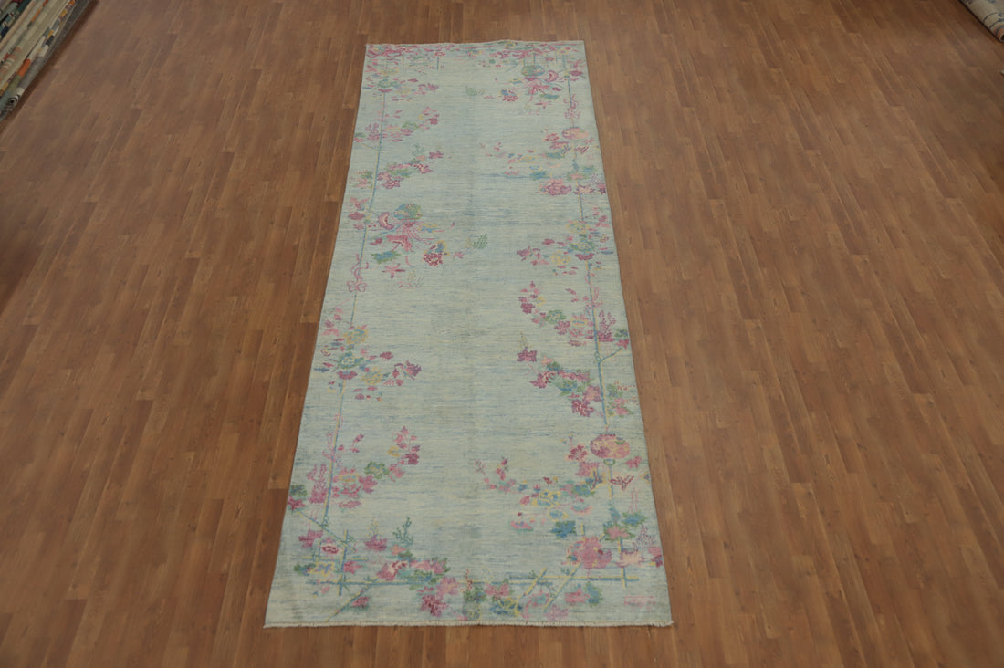 Floral Blue Ziegler Vegetable Dye Runner Rug 5x15