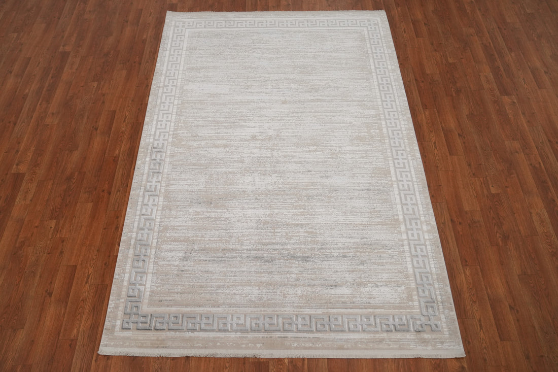 Subtle Neutral Tones Elegant Greek Key Border Rug 5x7