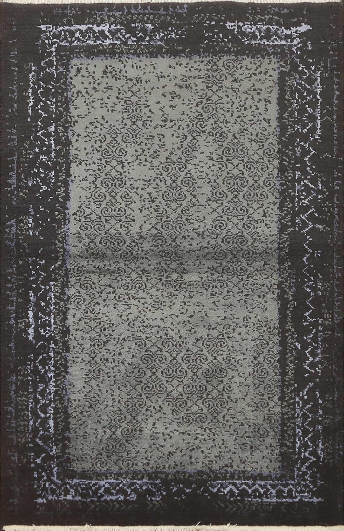 Chic Grey Border Rugs with Elegant Black Distressed Pattern Details