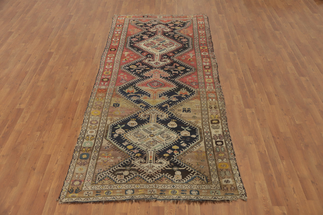 Pre-1900 Vegetable Dye Shiraz Persian Runner Rug 4x10